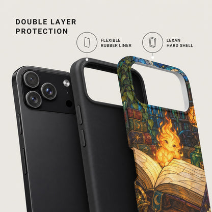 A disassembled smartphone case featuring a flexible rubber liner and a printed Lexan hard shell.
