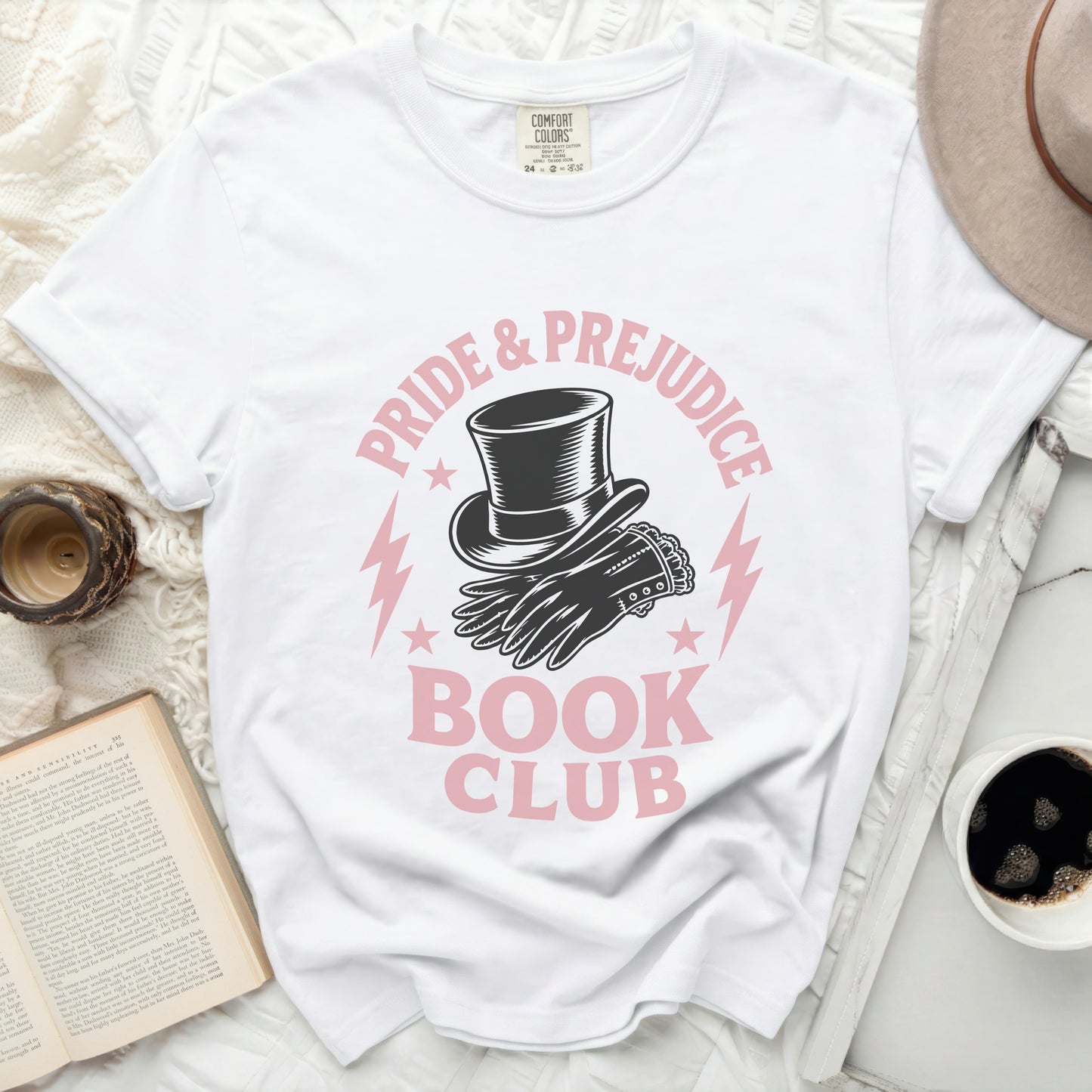 White t-shirt with "Pride & Prejudice Book Club" graphic.