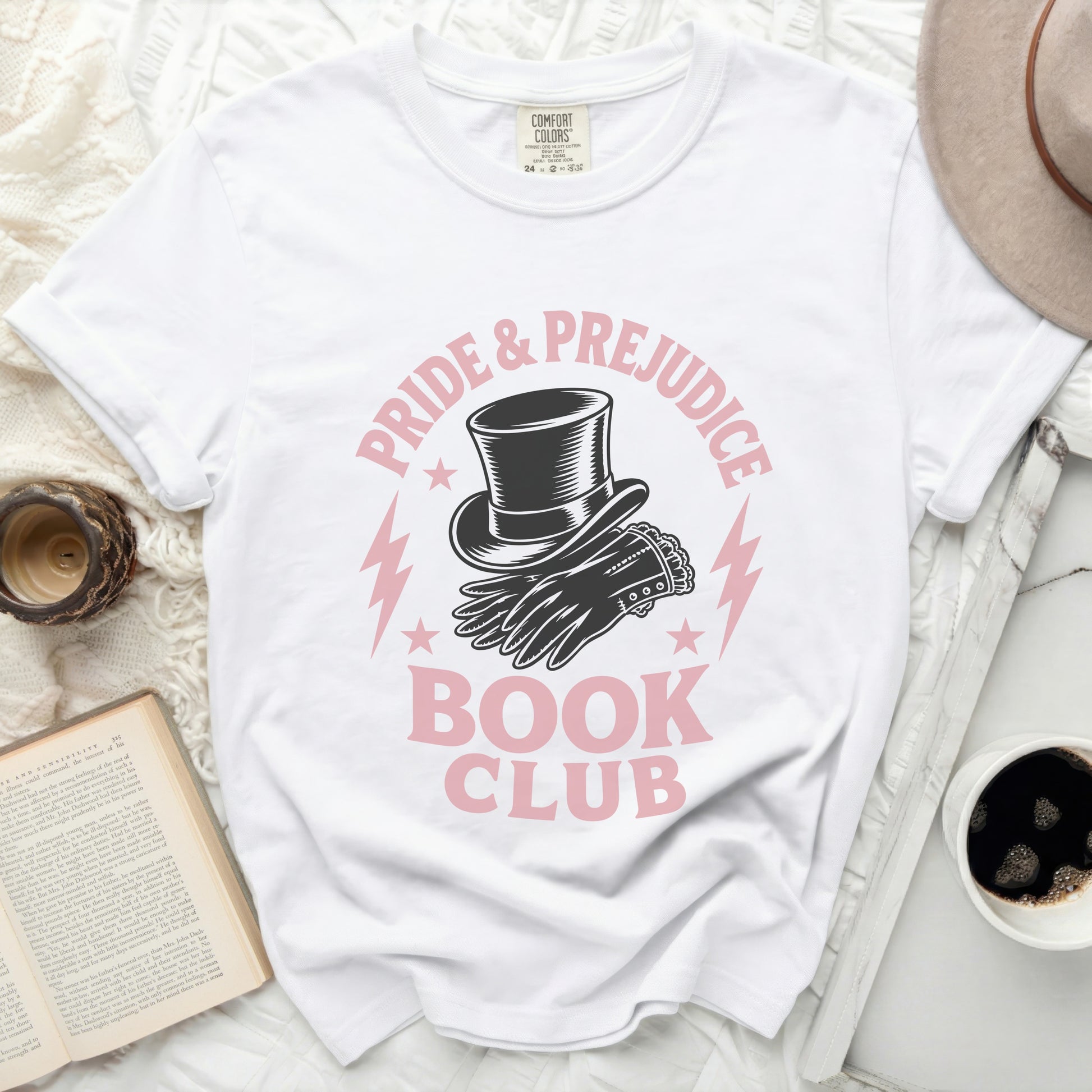 White t-shirt with "Pride & Prejudice Book Club" graphic.