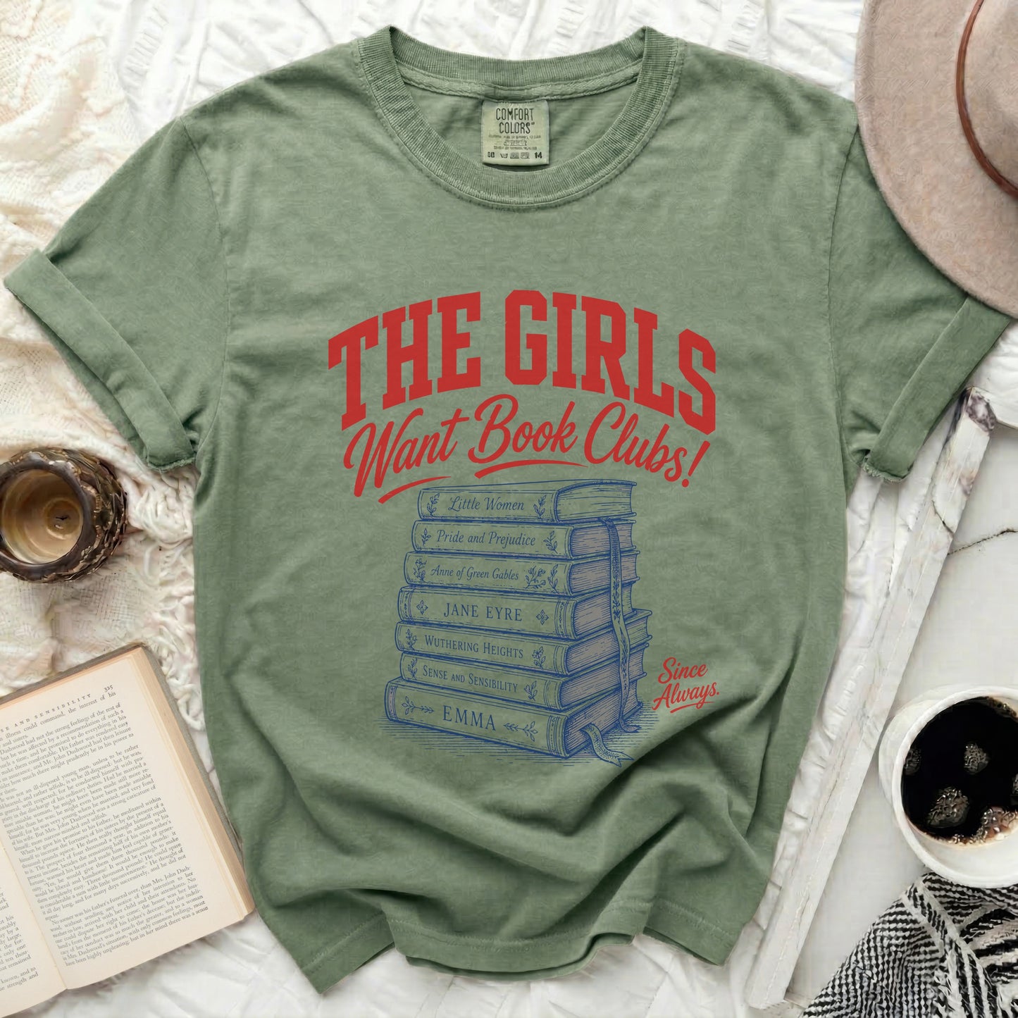 T-shirt with red text "The Girls Want Book Clubs!" and book stack.