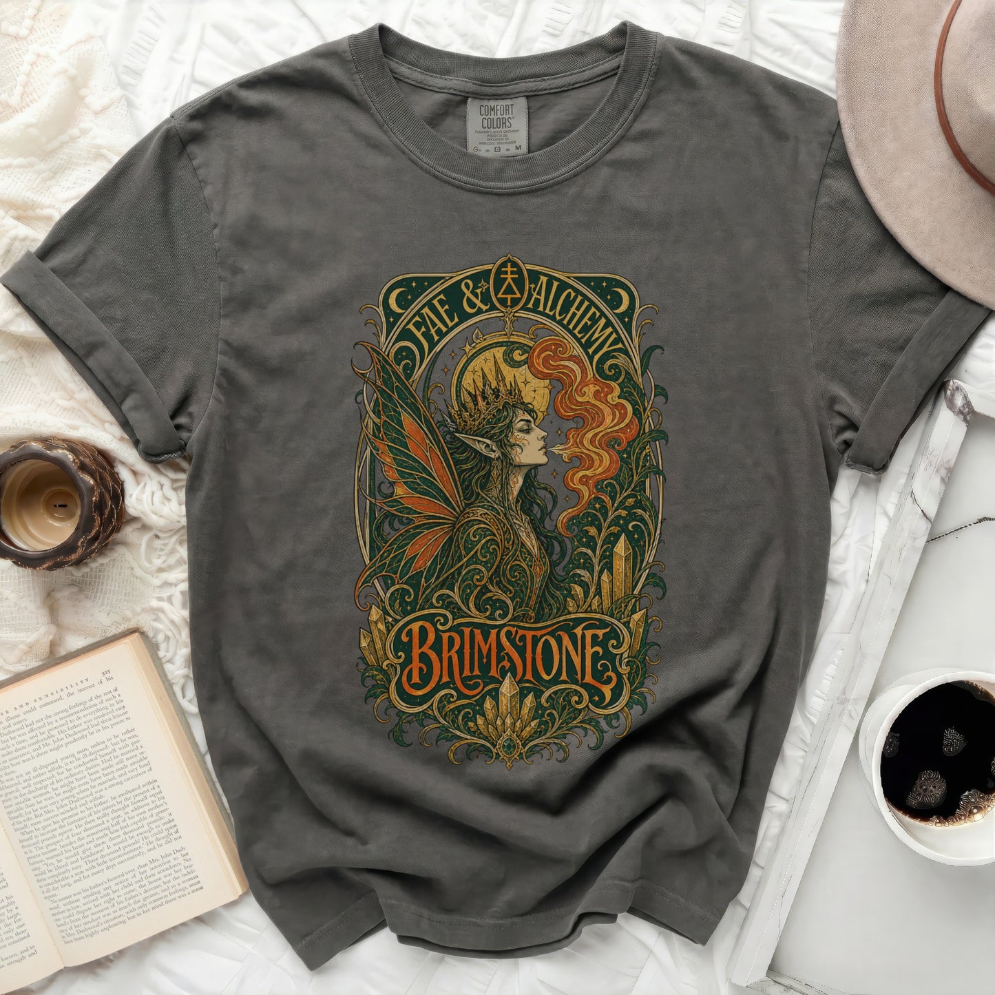 Dark gray t-shirt with "Fae & Alchemy Brimstone" graphic.