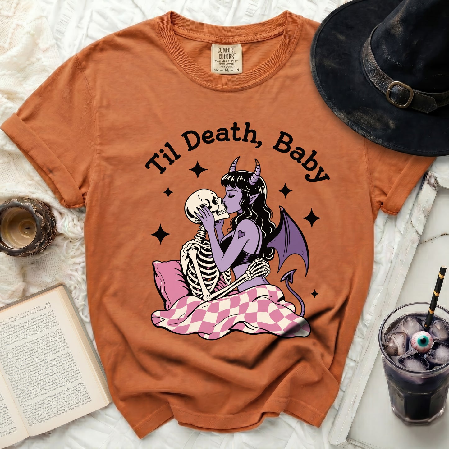 Orange Comfort Colors t-shirt with skeleton couple kissing and "Til Death, Baby" text.