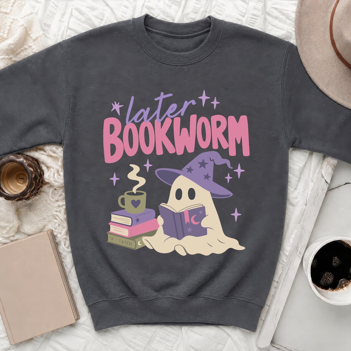Dark gray sweatshirt with "later BOOKWORM" text and a ghost reading a book.