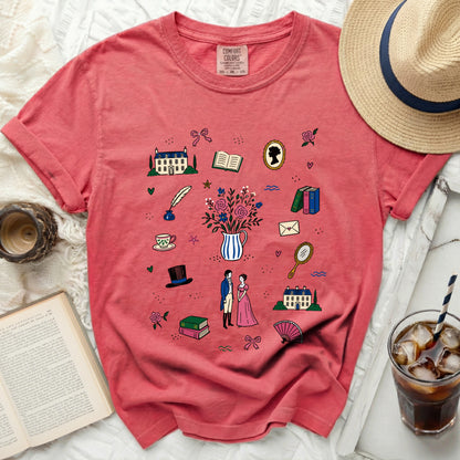 Coral t-shirt with Regency-themed illustrations and "Comfort Colors" tag.