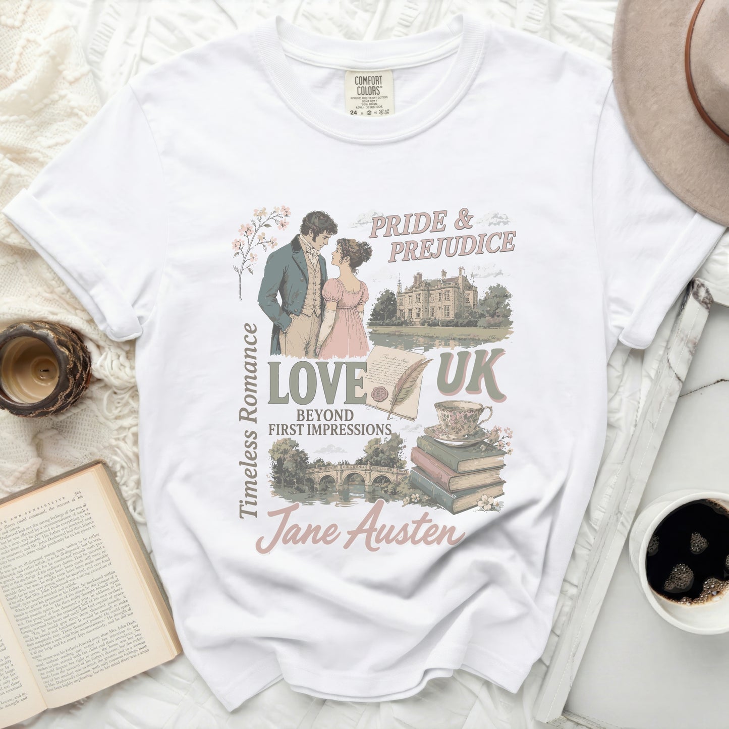 White t-shirt with Jane Austen "Pride & Prejudice" graphic featuring literary elements.