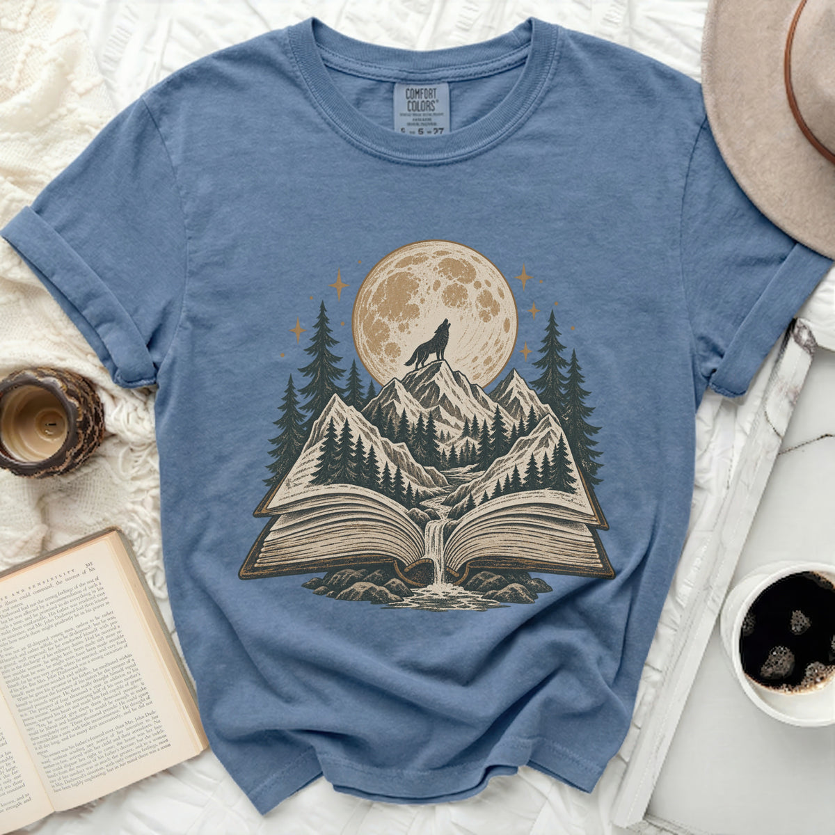 Wolf howling at moon above mountains opening from a book.