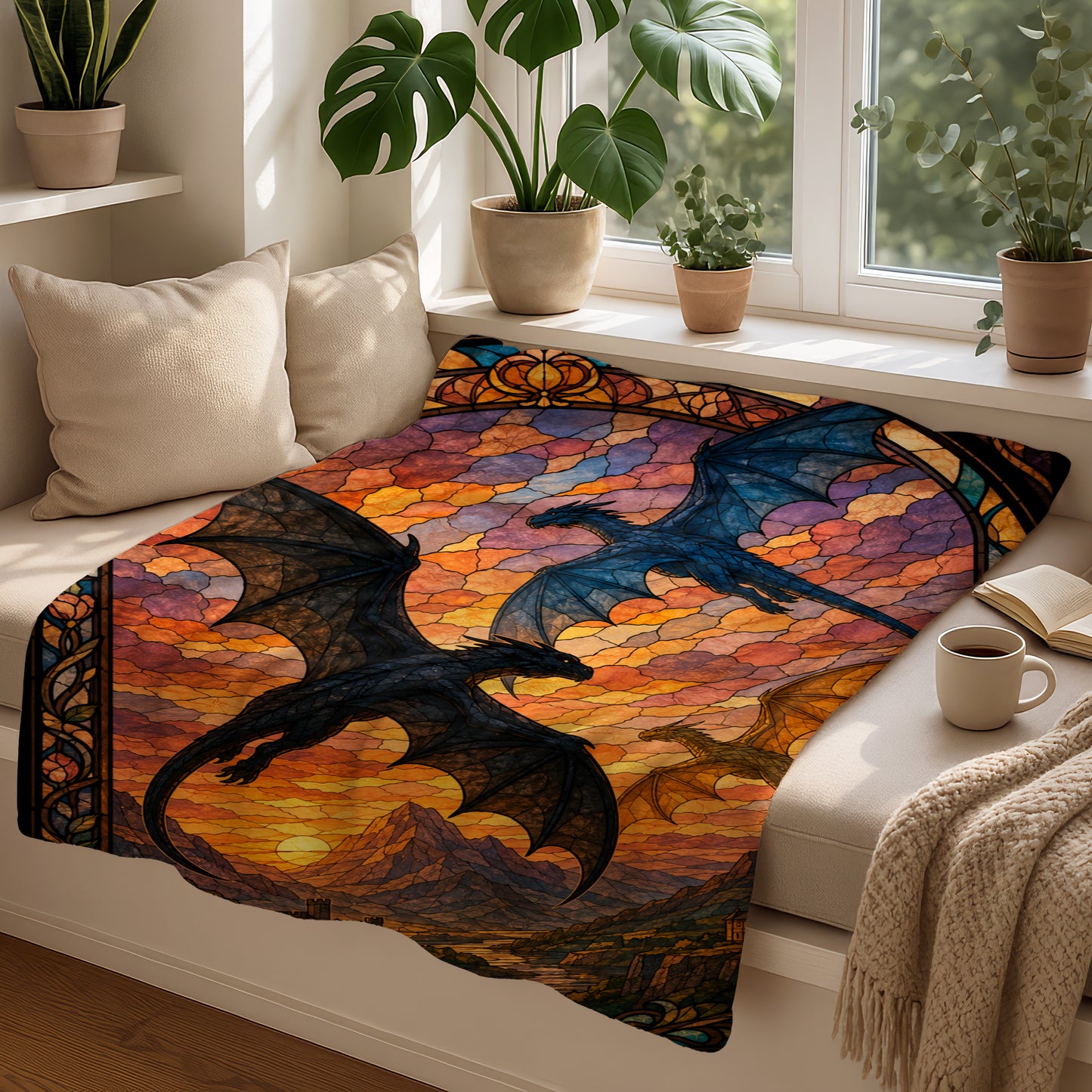 Stained glass tapestry featuring dragons over a mountain landscape at sunset.