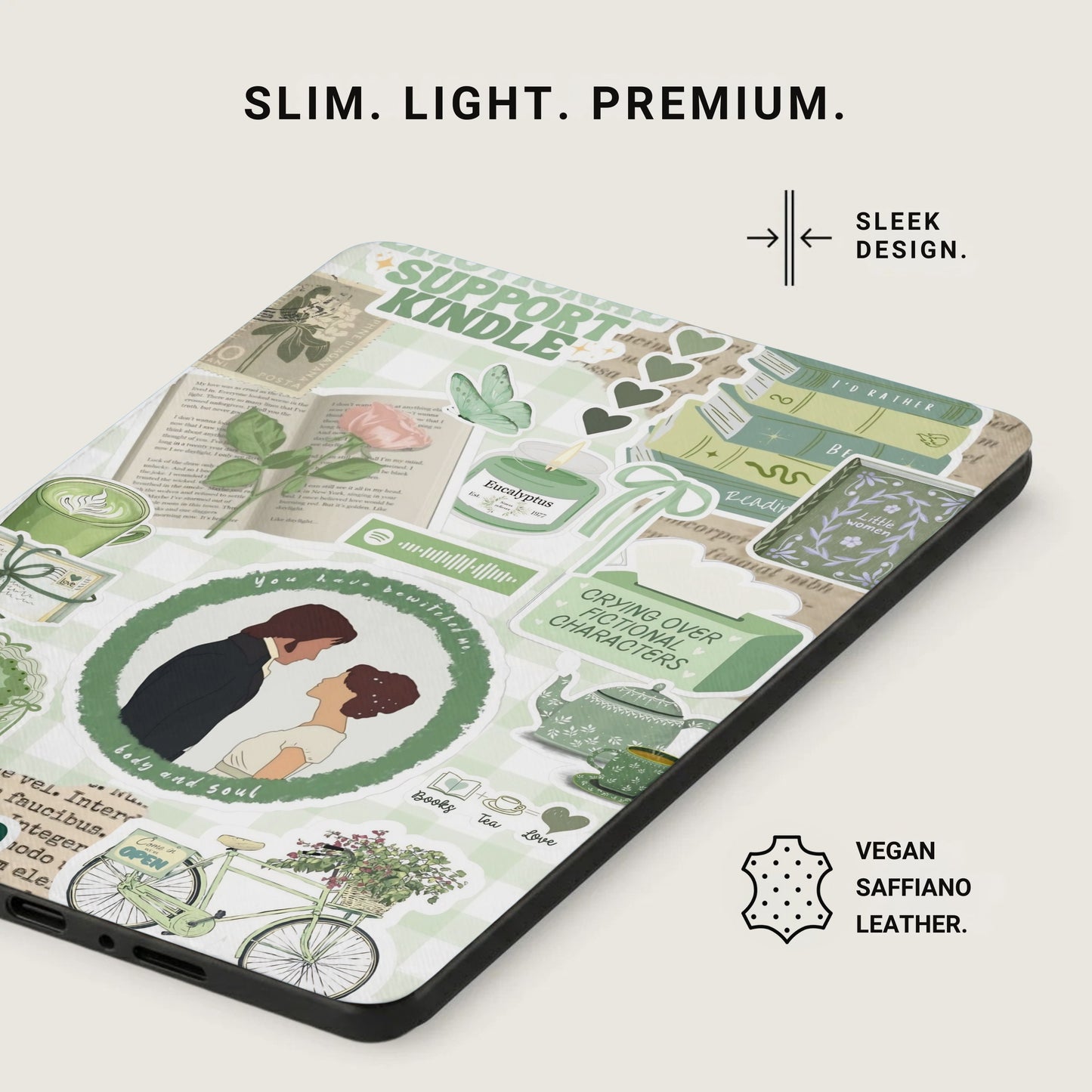 Phone case with "Slim. Light. Premium." text and a collage of reading and nature themed illustrations.