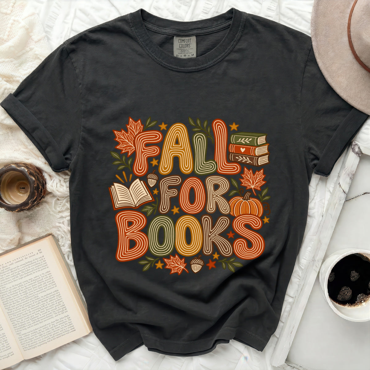 Dark grey t-shirt with "Fall for Books" graphic featuring pumpkins, books, and leaves.