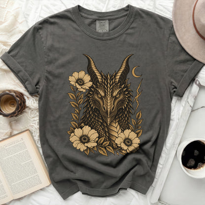 Dark grey t-shirt with a dragon and floral design.
