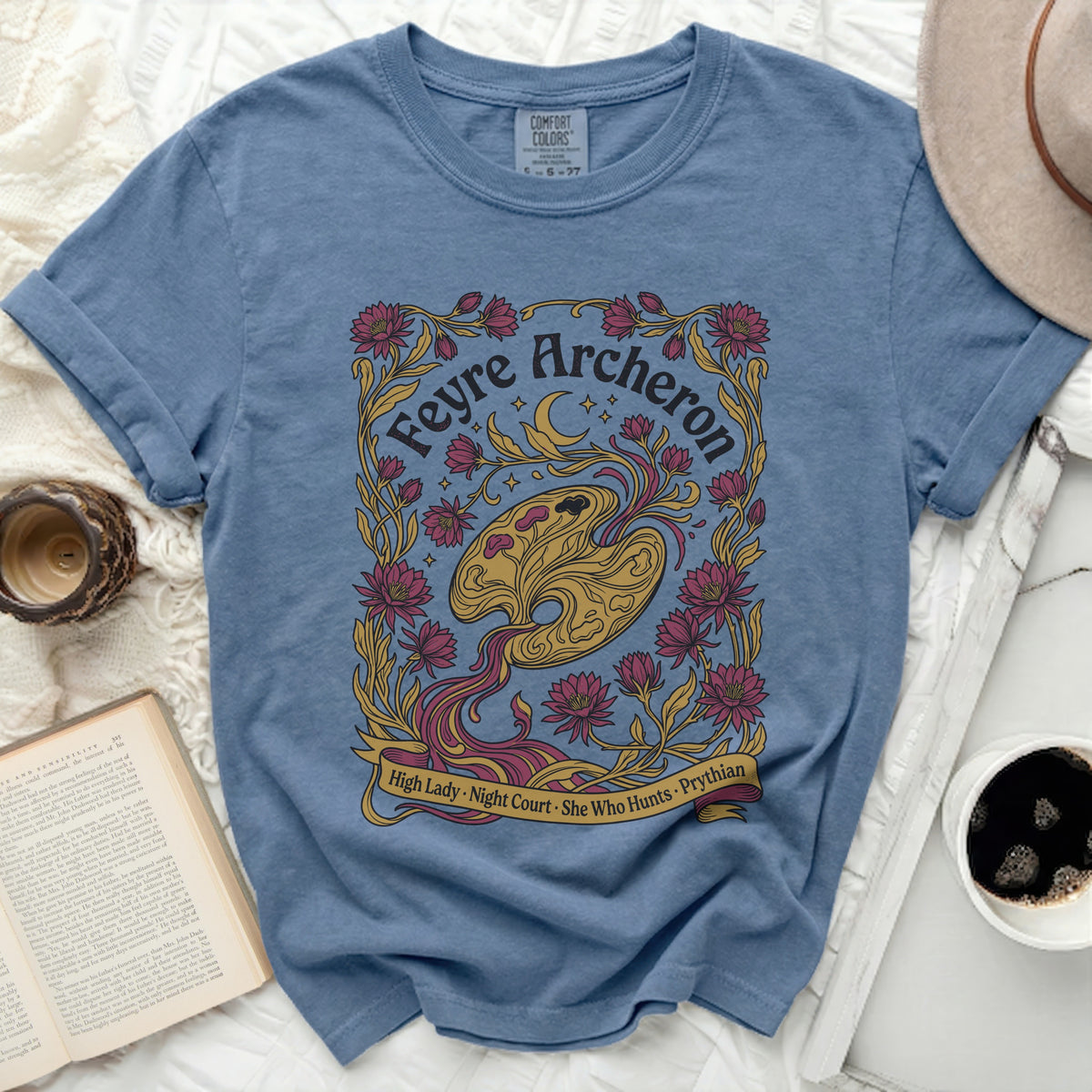 Blue t-shirt with Feyre Archeron floral design and text: High Lady, Night Court, She Who Hunts, Prythian.