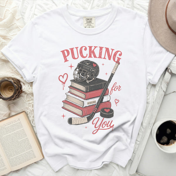 Pucking For You Hockey Romance Tee in White