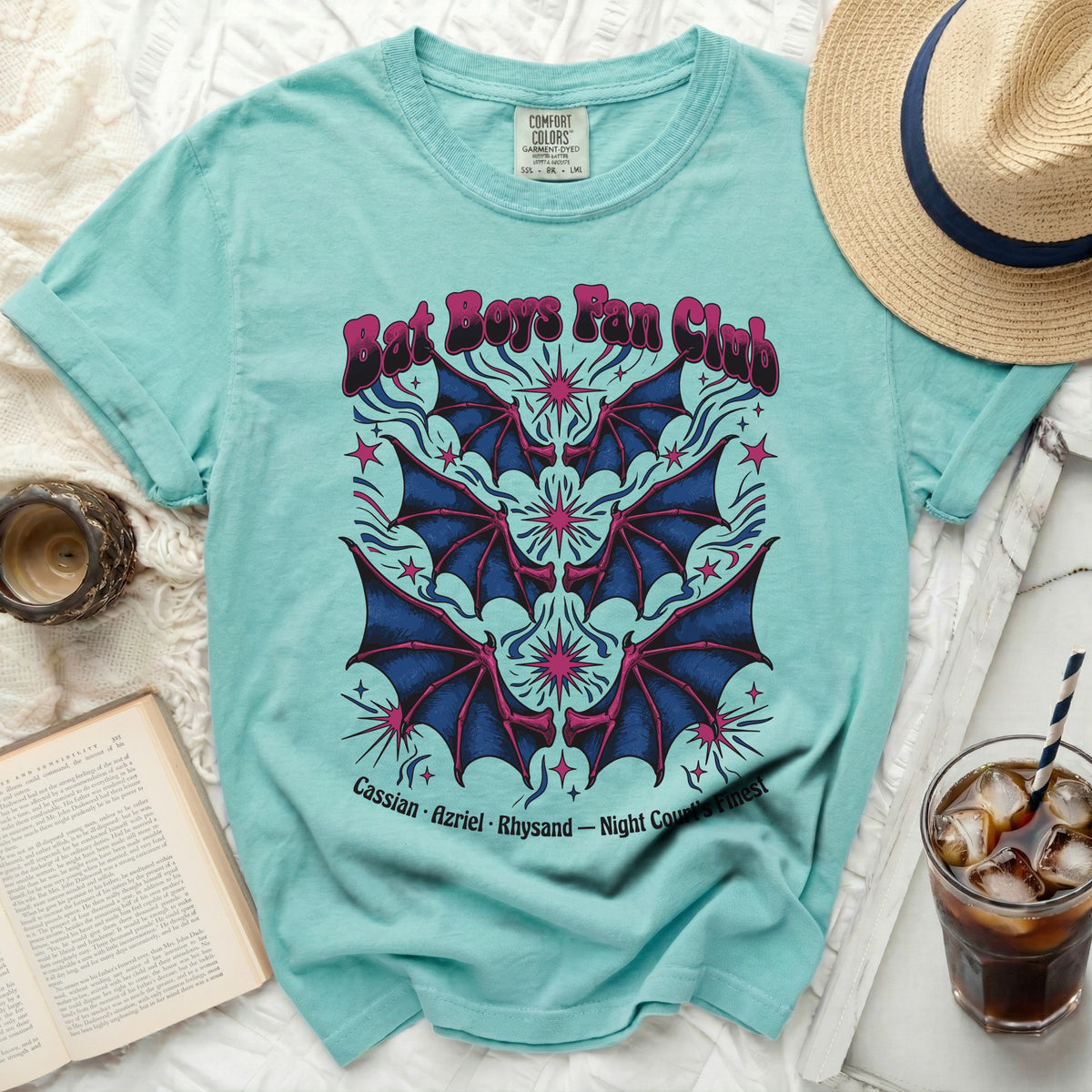 Teal t-shirt with "Bat Boys Fan Club" and bat wing graphic.