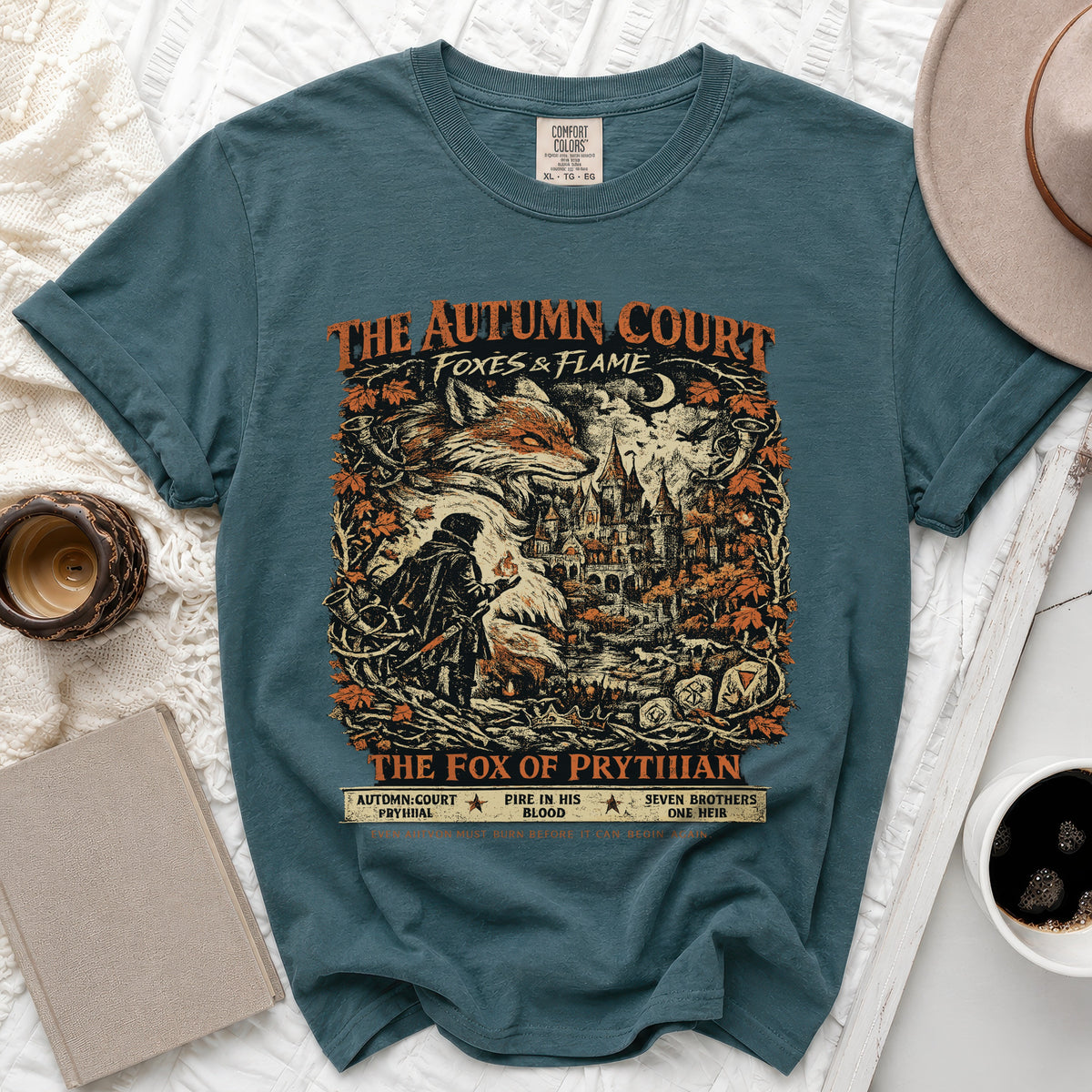 Teal t-shirt with "The Autumn Court Foxes & Flame" graphic, featuring a fox and castle.