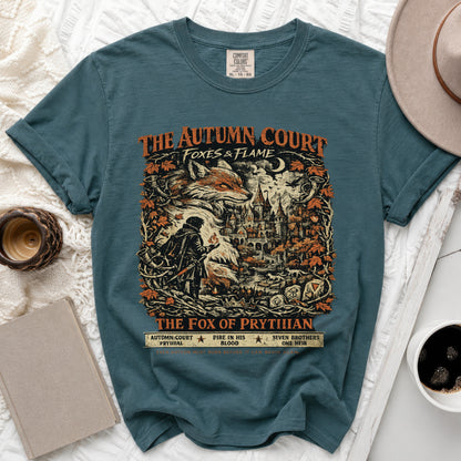 Teal t-shirt with "The Autumn Court Foxes & Flame" graphic, featuring a fox and castle.
