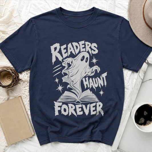 Navy t-shirt with a ghost rising from an open book, reading "Readers Haunt Forever".