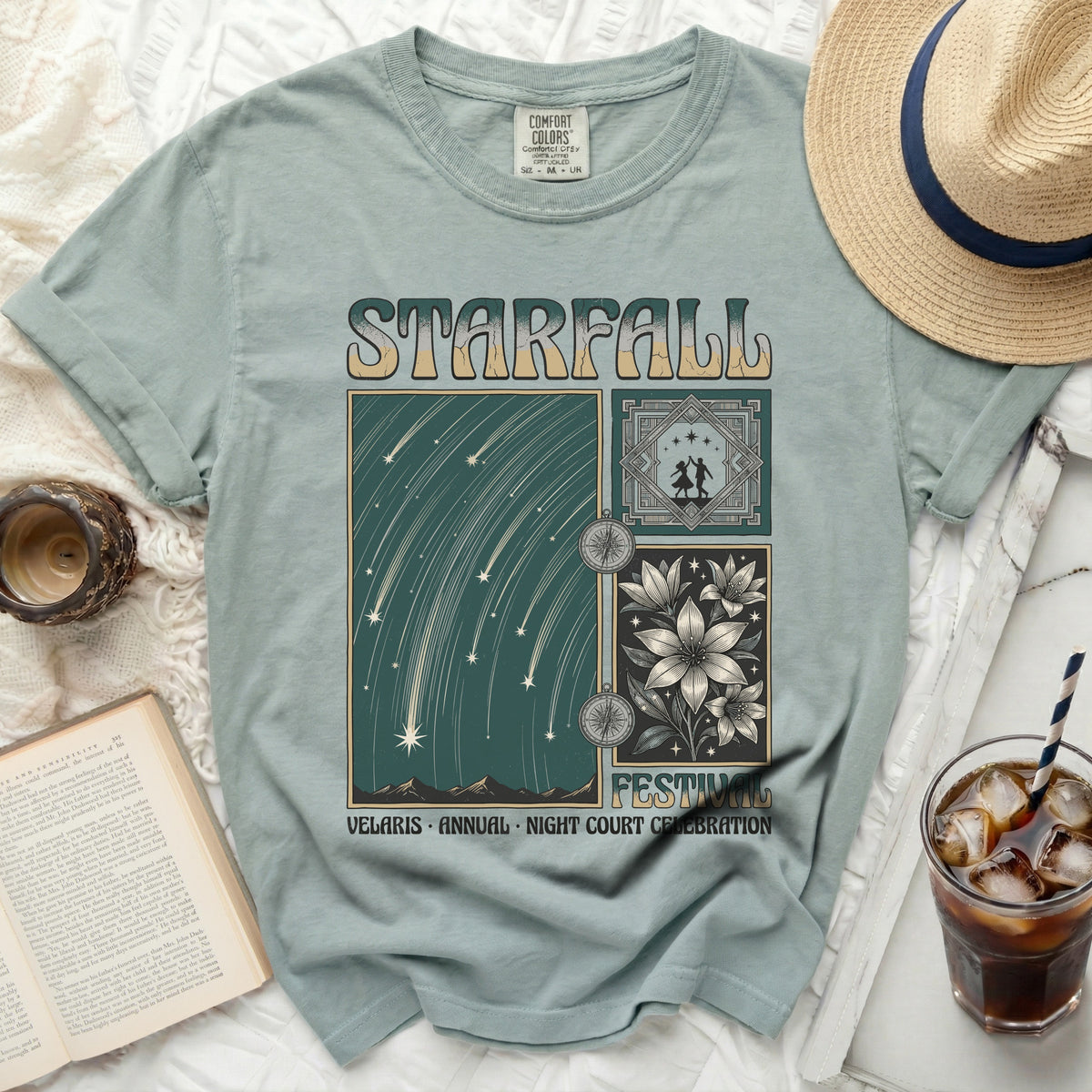 Starfall Festival t-shirt with shooting stars and floral designs.