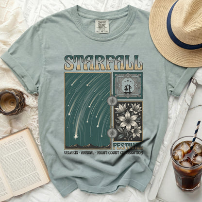 Starfall Festival t-shirt with shooting stars and floral designs.