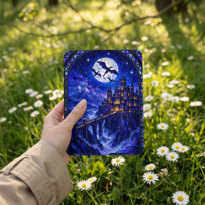 A hand holds a stained glass-style e-reader case featuring a castle and dragons against a moonlit night sky.
