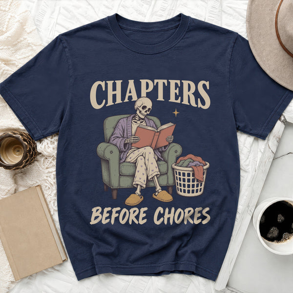 Chapters Before Chores Tee in True Navy