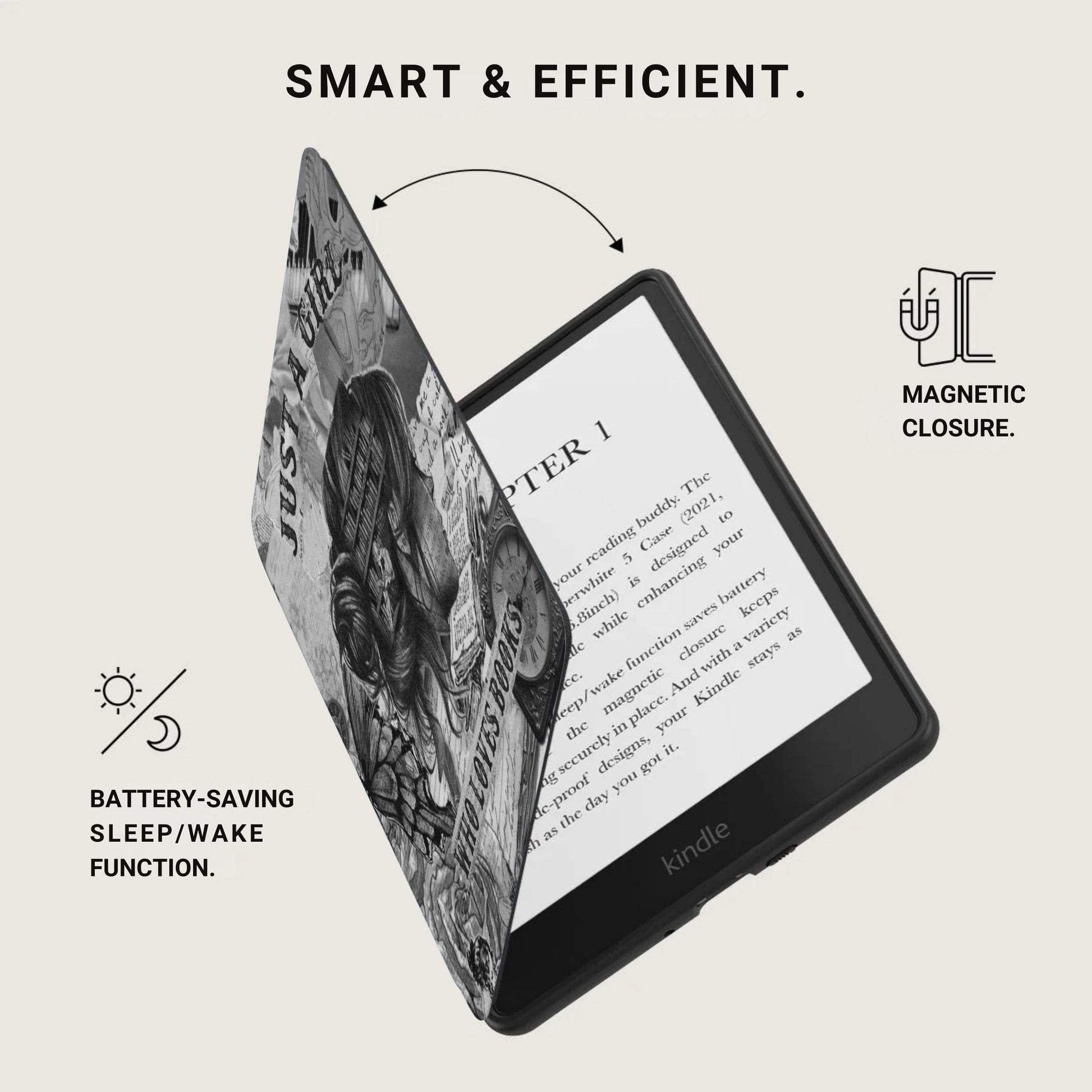 Black Kindle with textured cover open showing a book page and magnetic closure.