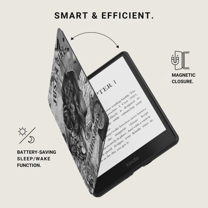 Black Kindle with textured cover open showing a book page and magnetic closure.