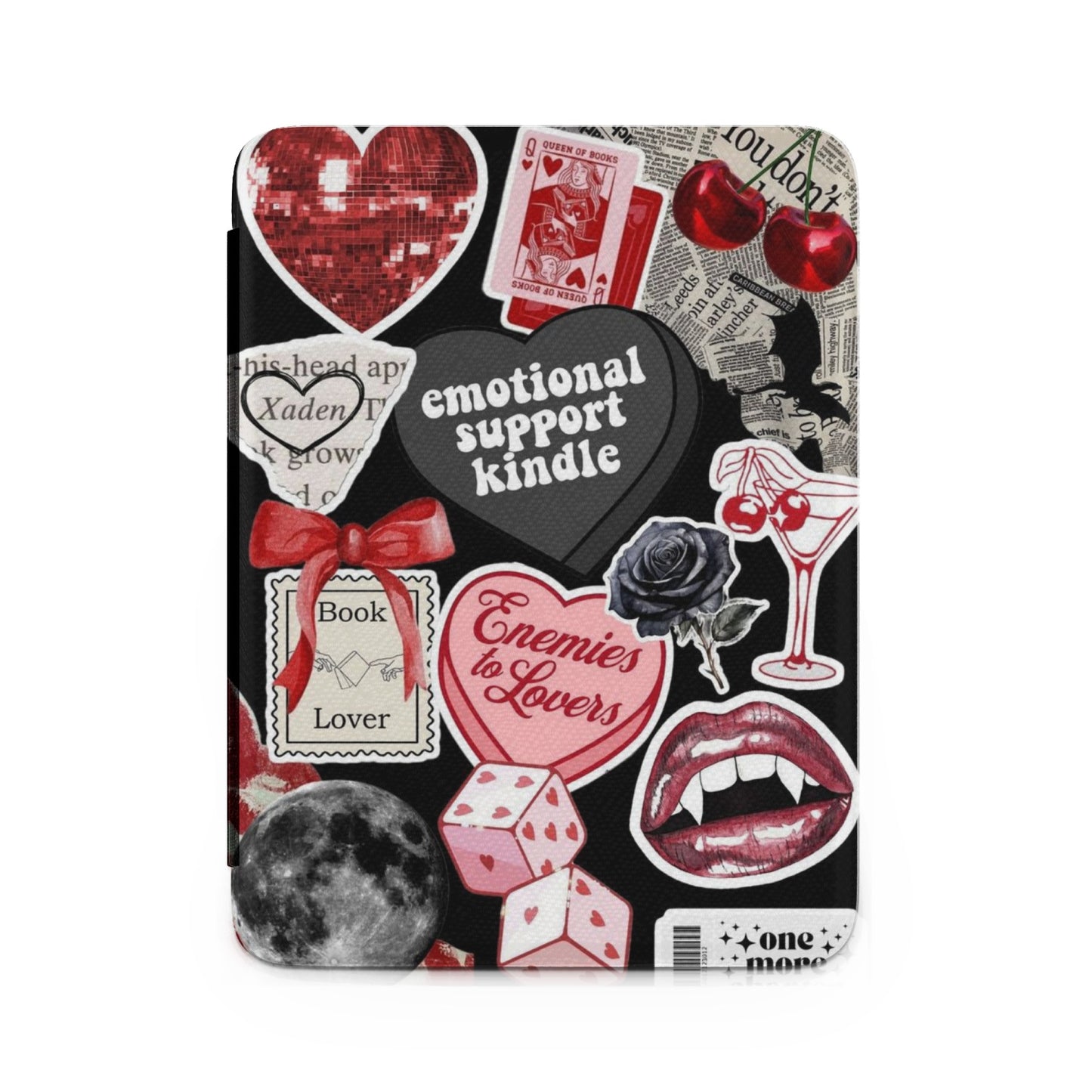 Collage of stickers featuring hearts, cherries, books, dice, moon, lips, and text.