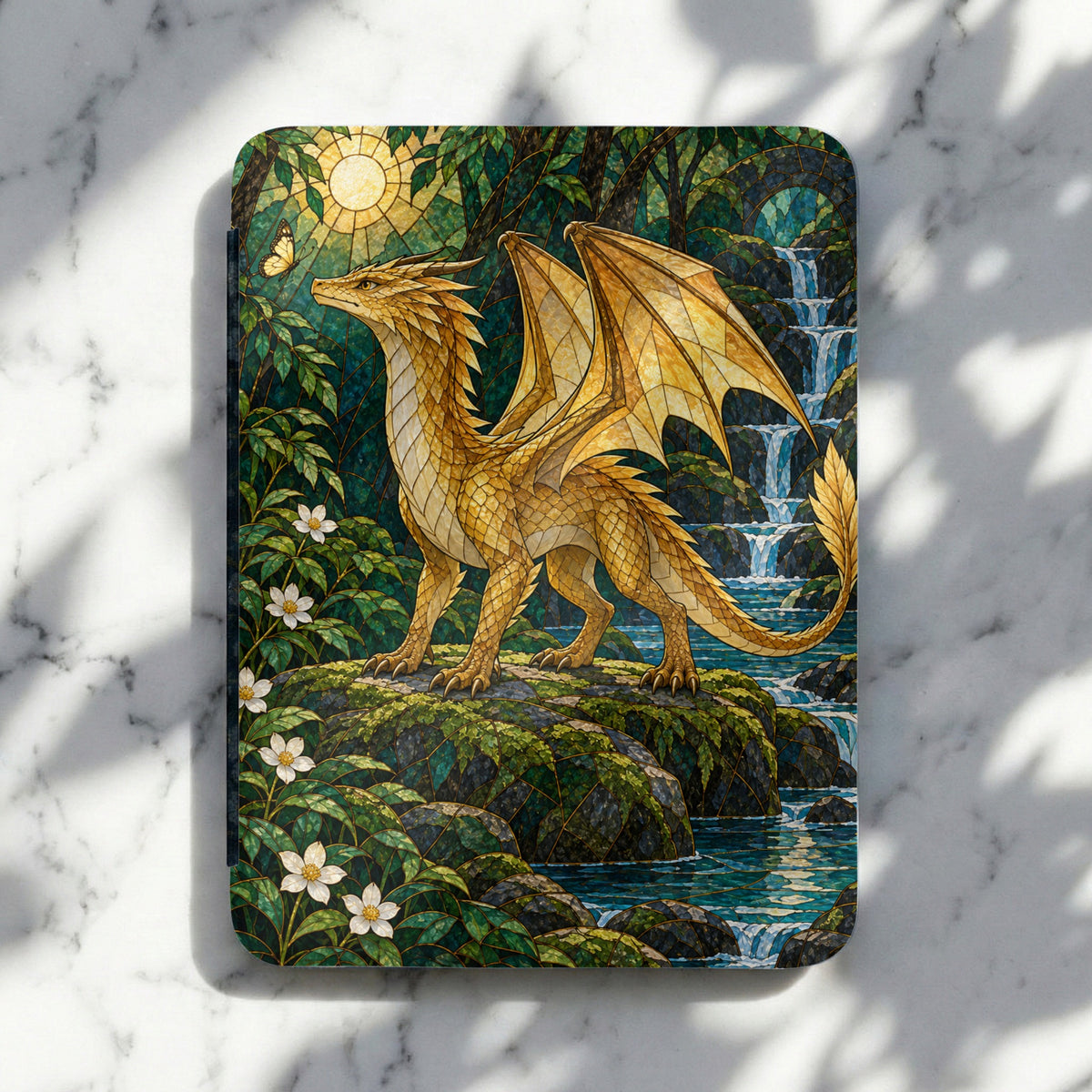 Golden dragon with stained glass wings stands by a waterfall with flowers and butterfly.