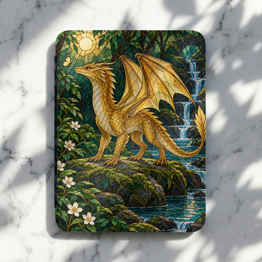 Golden dragon with stained glass wings stands by a waterfall with flowers and butterfly.