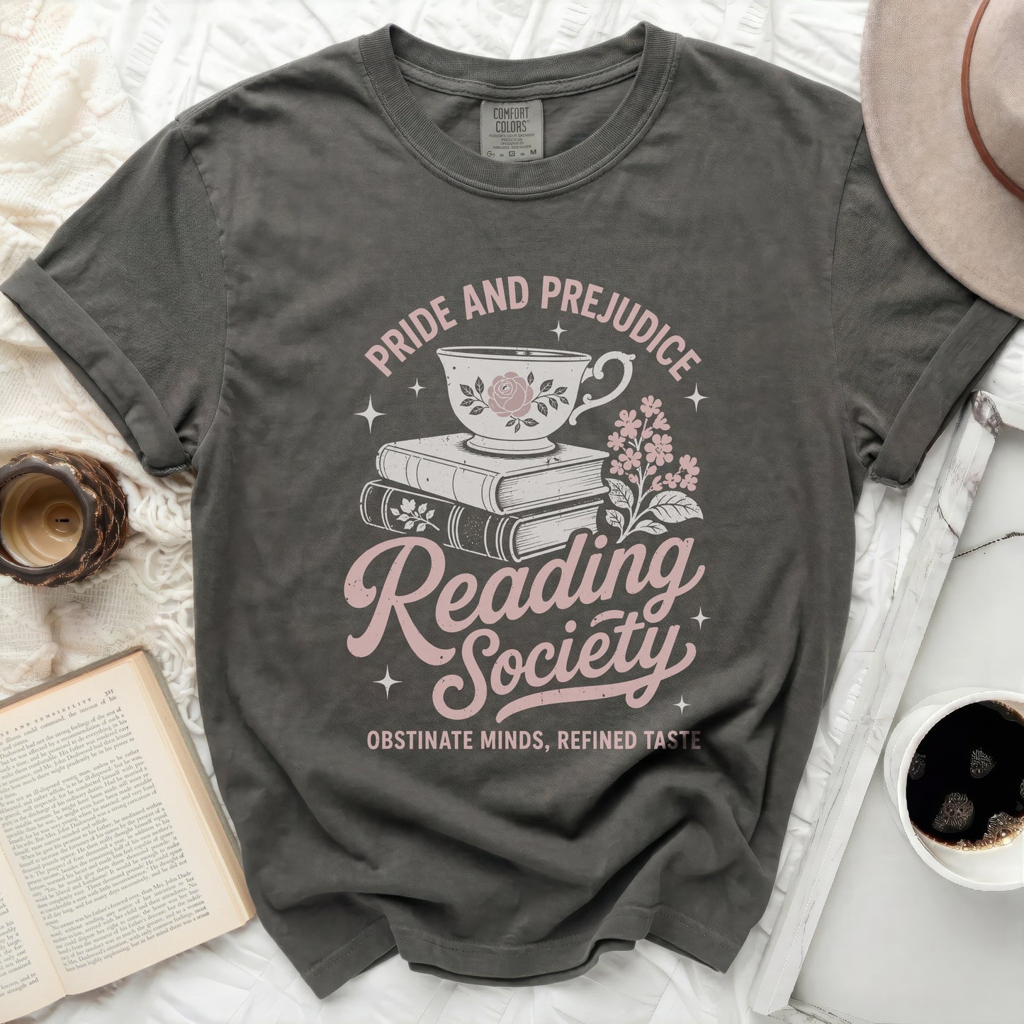 Pride and Prejudice Reading Society t-shirt with books and teacup design.