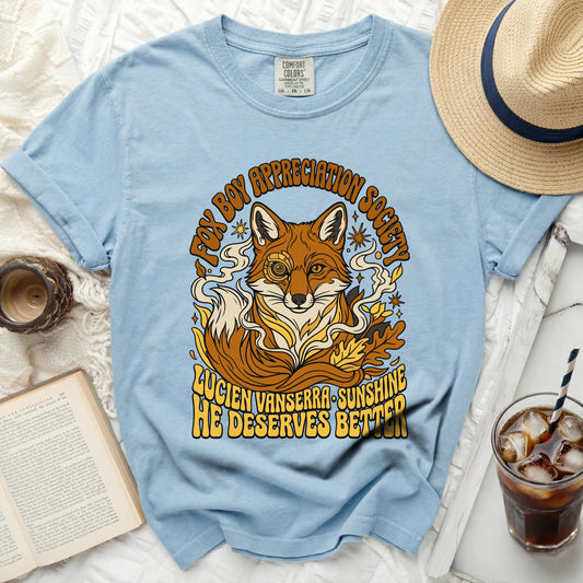 Light blue t-shirt with "Fox Boy Appreciation Society" and fox graphic.