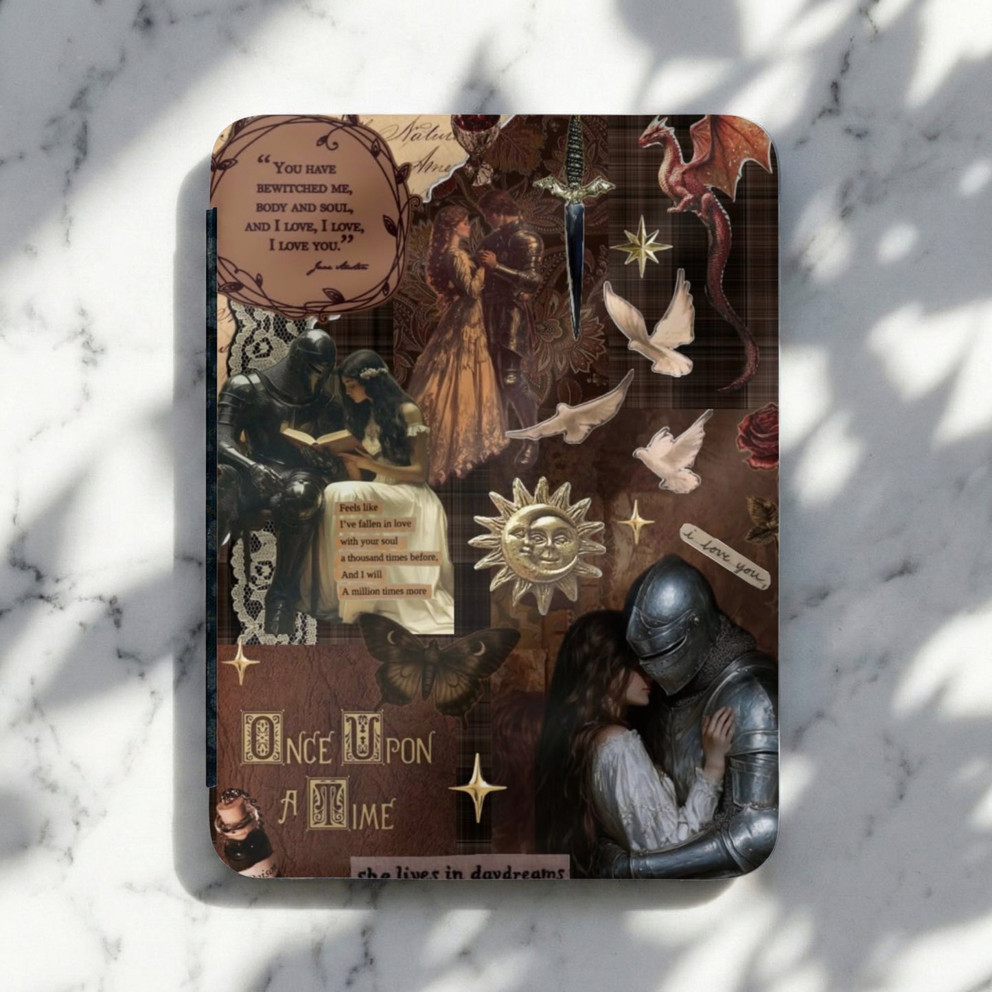 Collage with knights, dragons, doves, and text quotes.