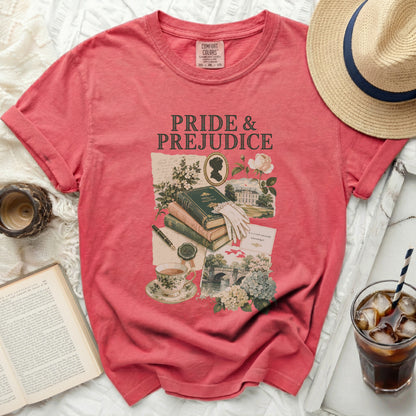 Coral t-shirt with "Pride & Prejudice" print and collage of vintage illustrations.