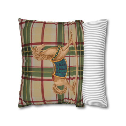 Decorative Square Pillow with Horse and Plaid Pattern