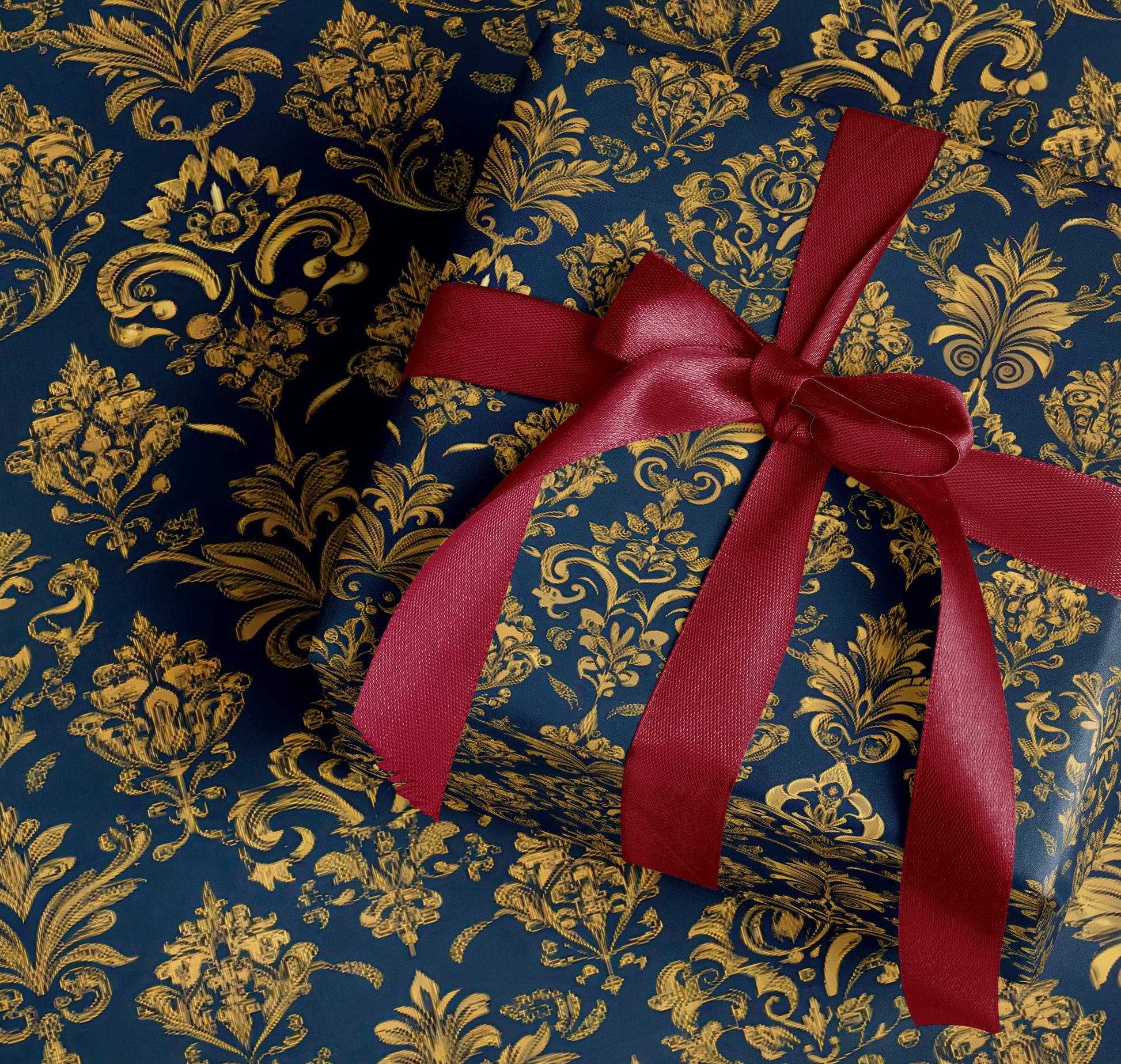 Elegant Gold and Blue Floral Gift Wrap with Ribbon