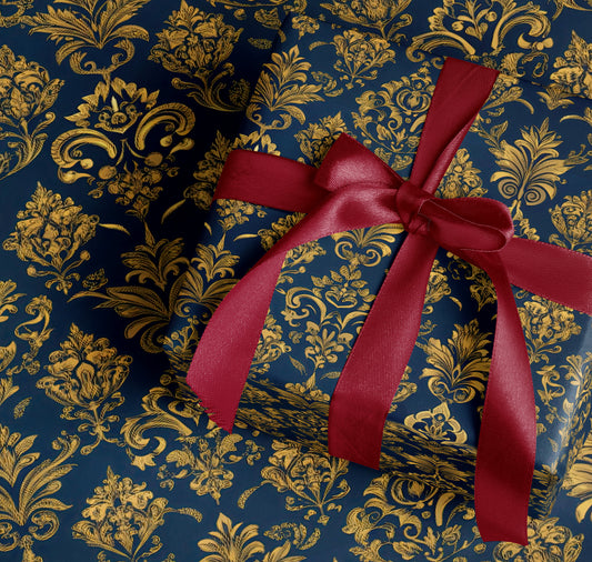 Elegant Gold and Blue Floral Gift Wrap with Ribbon