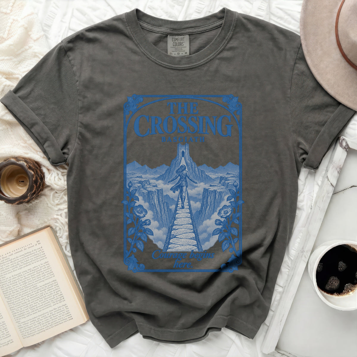 Dark grey t-shirt with blue graphic: "The Crossing Basgiath. Courage begins here."