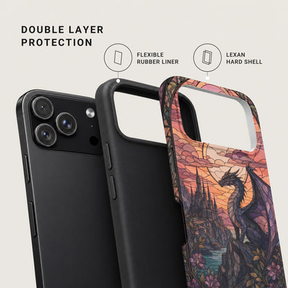 Disassembled phone case showing a black flexible rubber liner and a printed Lexan hard shell.