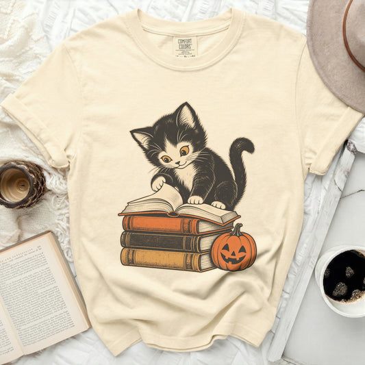 Kitten sitting on books next to a pumpkin, with Comfort Colors label.