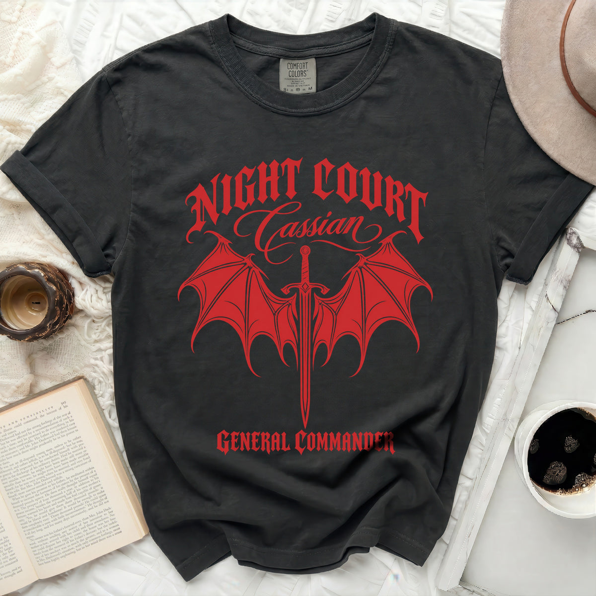 Black t-shirt with red "Night Court Cassian General Commander" text and wings graphic.