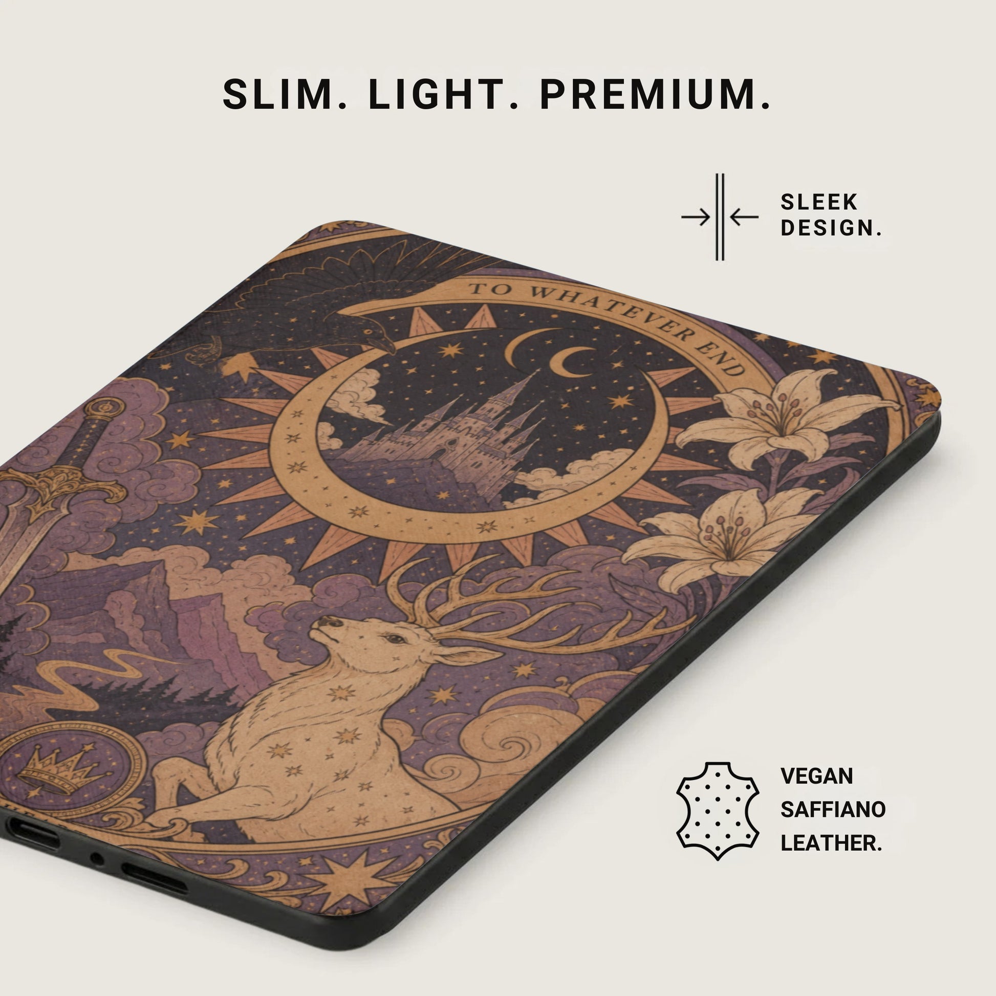 Device case with ornate deer, castle, and celestial design.