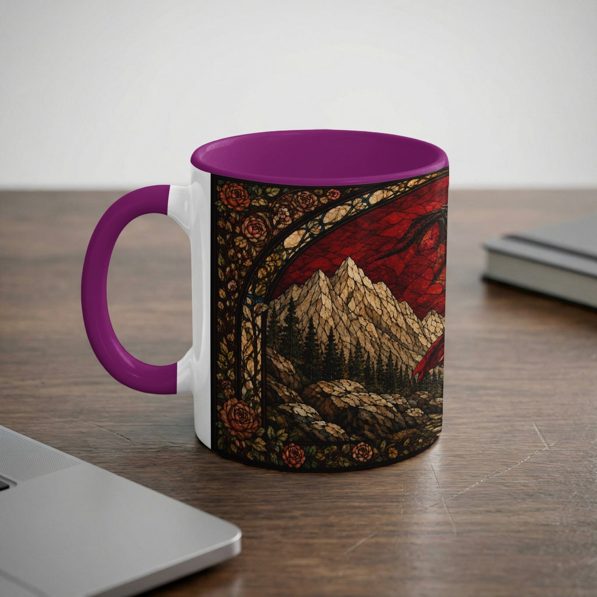 White mug with purple handle featuring stained glass dragon, mountains, and floral border.