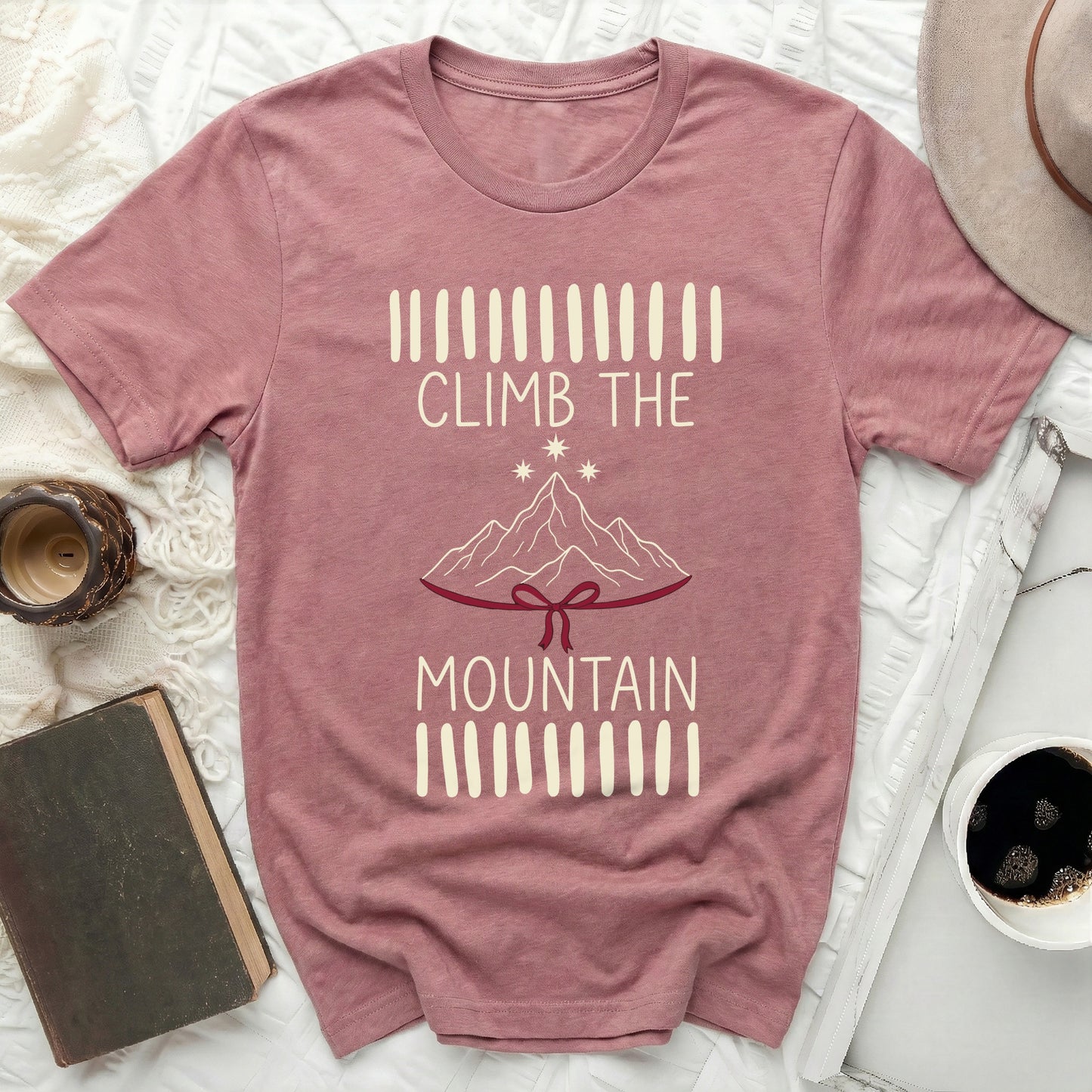 CLIMB THE MOUNTAIN Stars Ribbon Dusty Rose Graphic T-Shirt