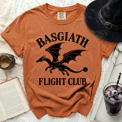 Orange t-shirt with black dragon and "Basgiath Flight Club" text.