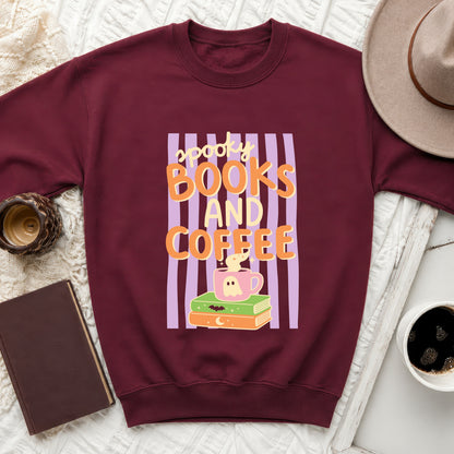 Maroon sweatshirt with "Spooky Books and Coffee" graphic featuring a ghost mug and stacked books.