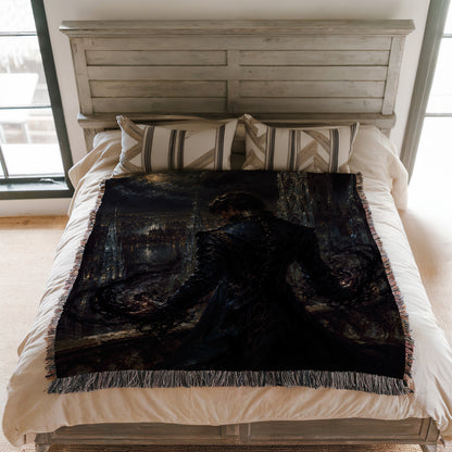 a bedroom with a bed covered in a dark, artistic tapestry depicting a person in a dramatic pose.