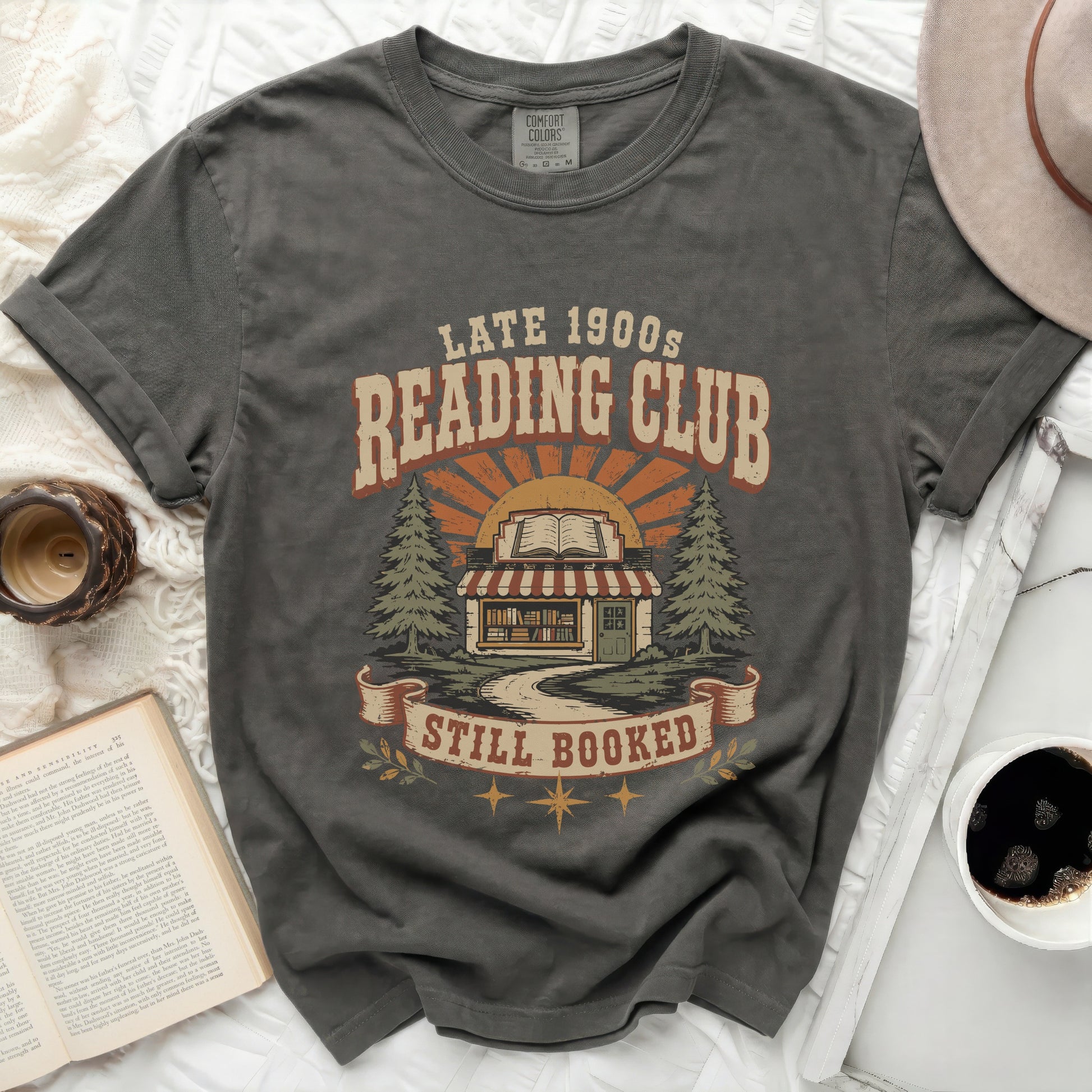 Gray t-shirt with "Late 1900s Reading Club Still Booked" graphic.