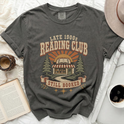 Gray t-shirt with "Late 1900s Reading Club Still Booked" graphic.