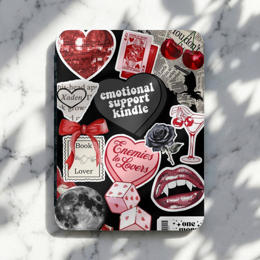 Collage of stickers including text "emotional support kindle" and "Enemies to Lovers."