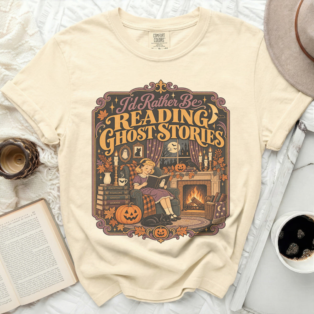 I'd Rather Be Reading Ghost Stories t-shirt with a vintage Halloween scene.